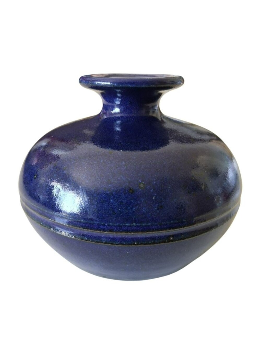 Vintage Cobalt Blue Studio Pottery Squat Vase Artist Signed Kathryn